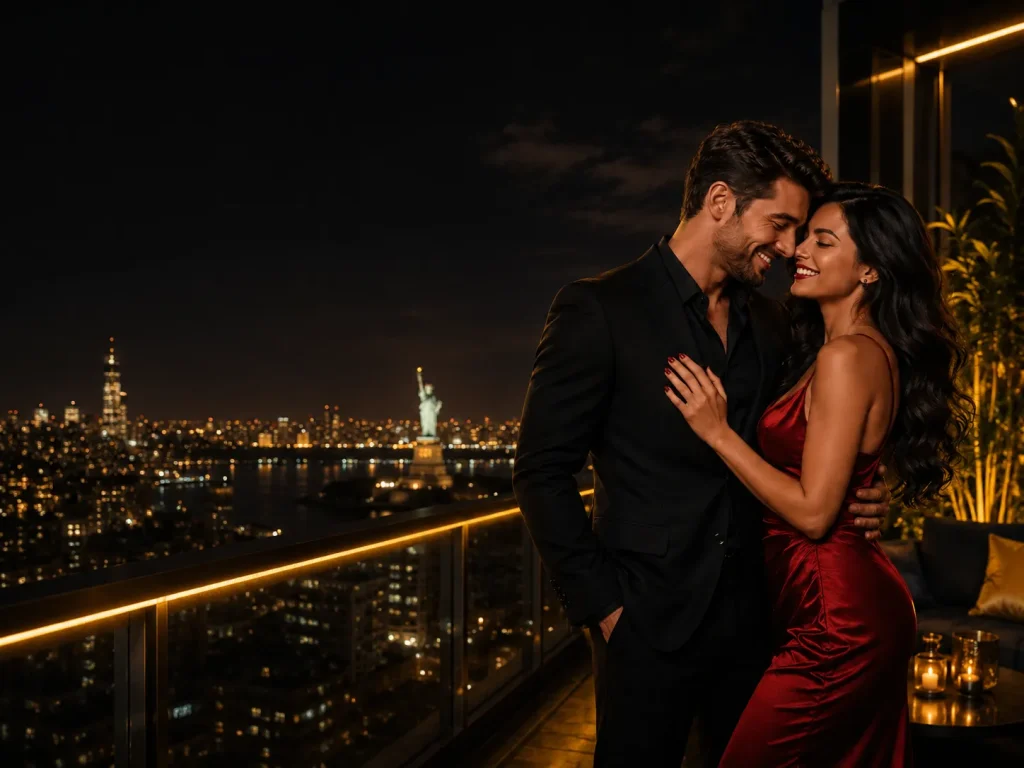 Stylish couple on a New York rooftop with the Statue of Liberty in the background representing dating sites and video chat connections