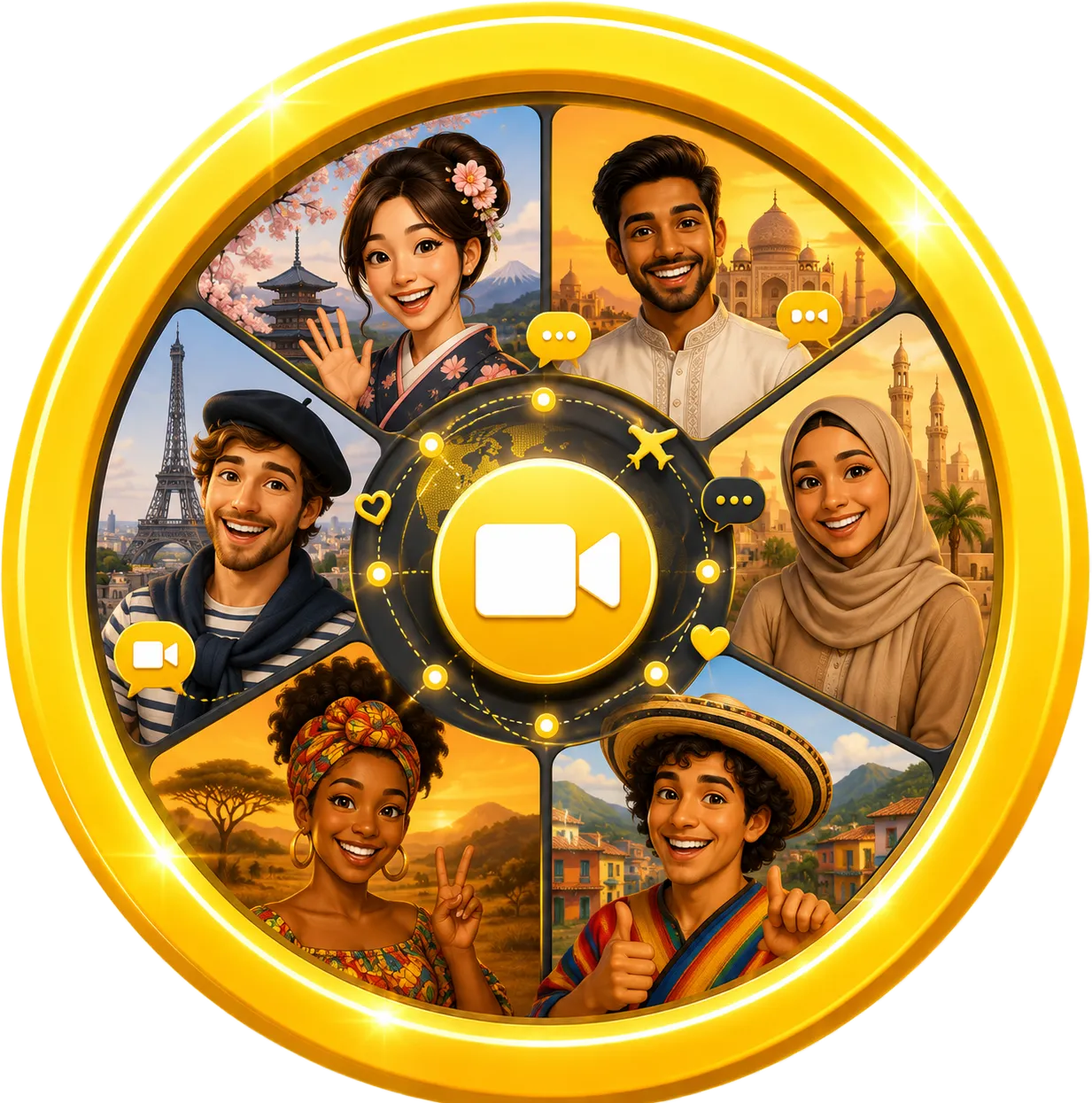 Yellow roulette-style VideoChatty icon showing adults from different cultures connecting through video chat with people from around the world.