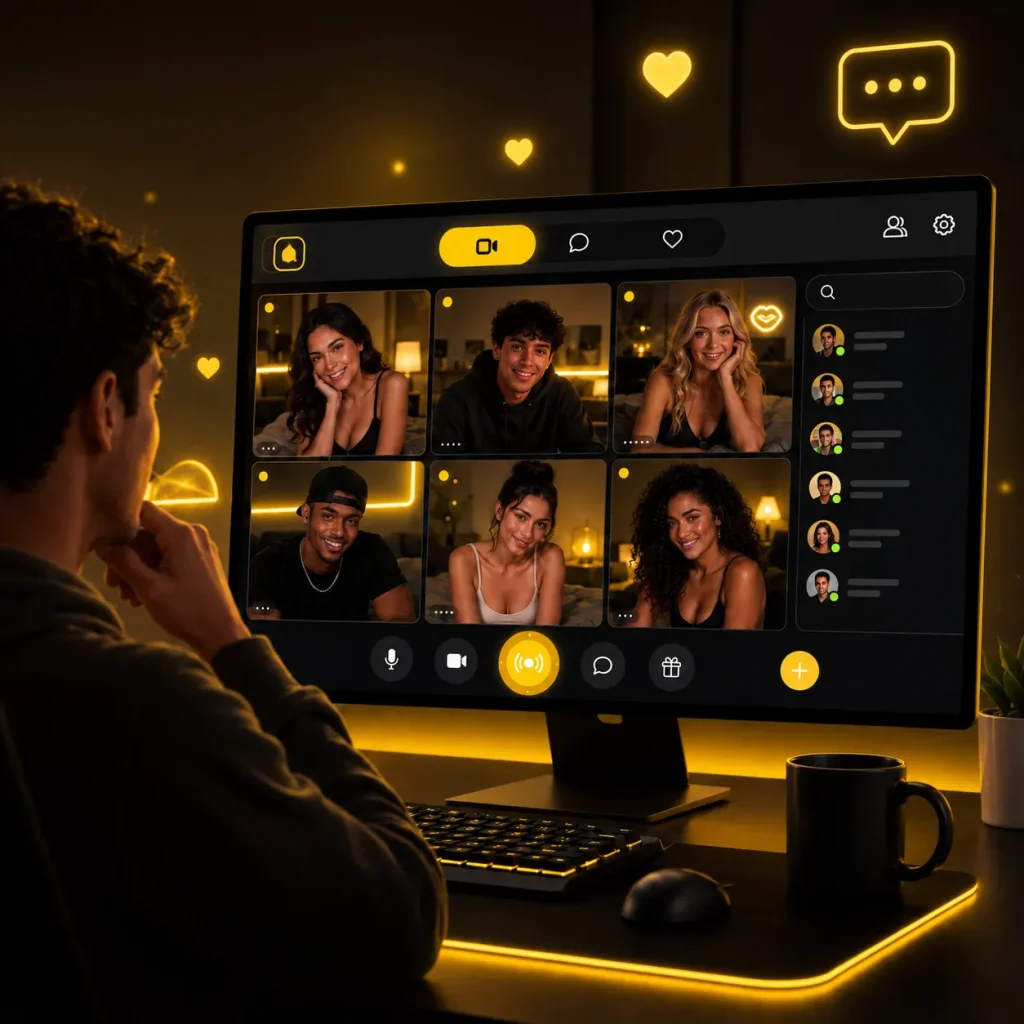 Man exploring free cam chat rooms with multiple live video conversations displayed on a desktop screen