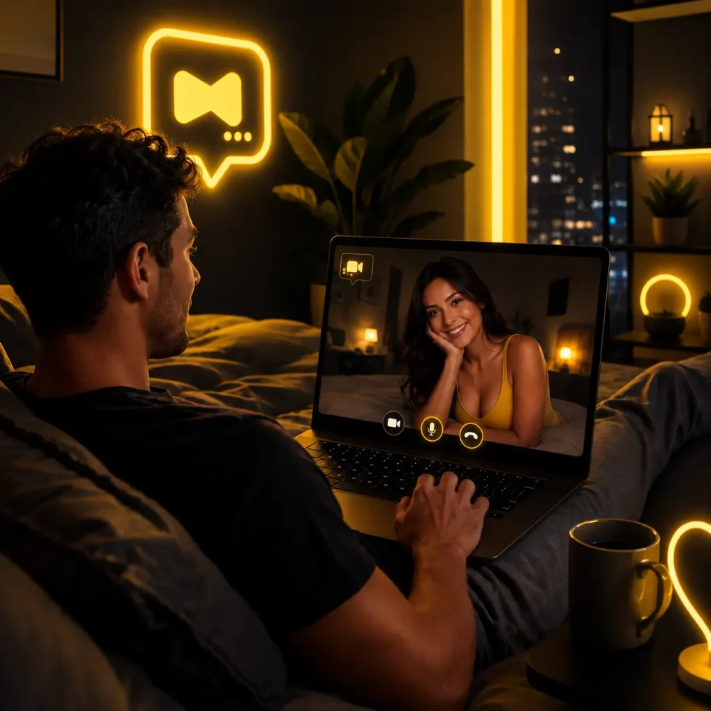 Man relaxing at home while enjoying a private free cam chat conversation with a woman on his laptop