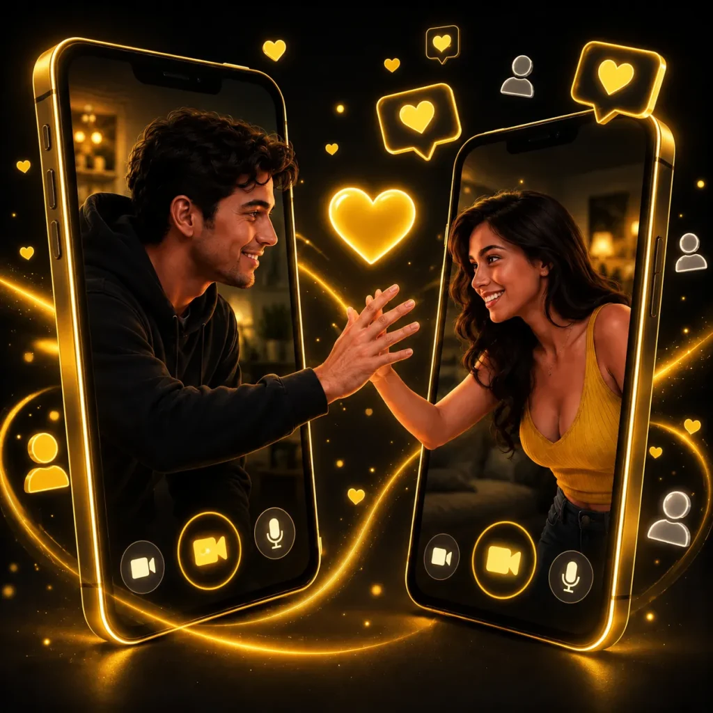 Man and woman connecting through free cam chat on two phones with glowing yellow video call icons