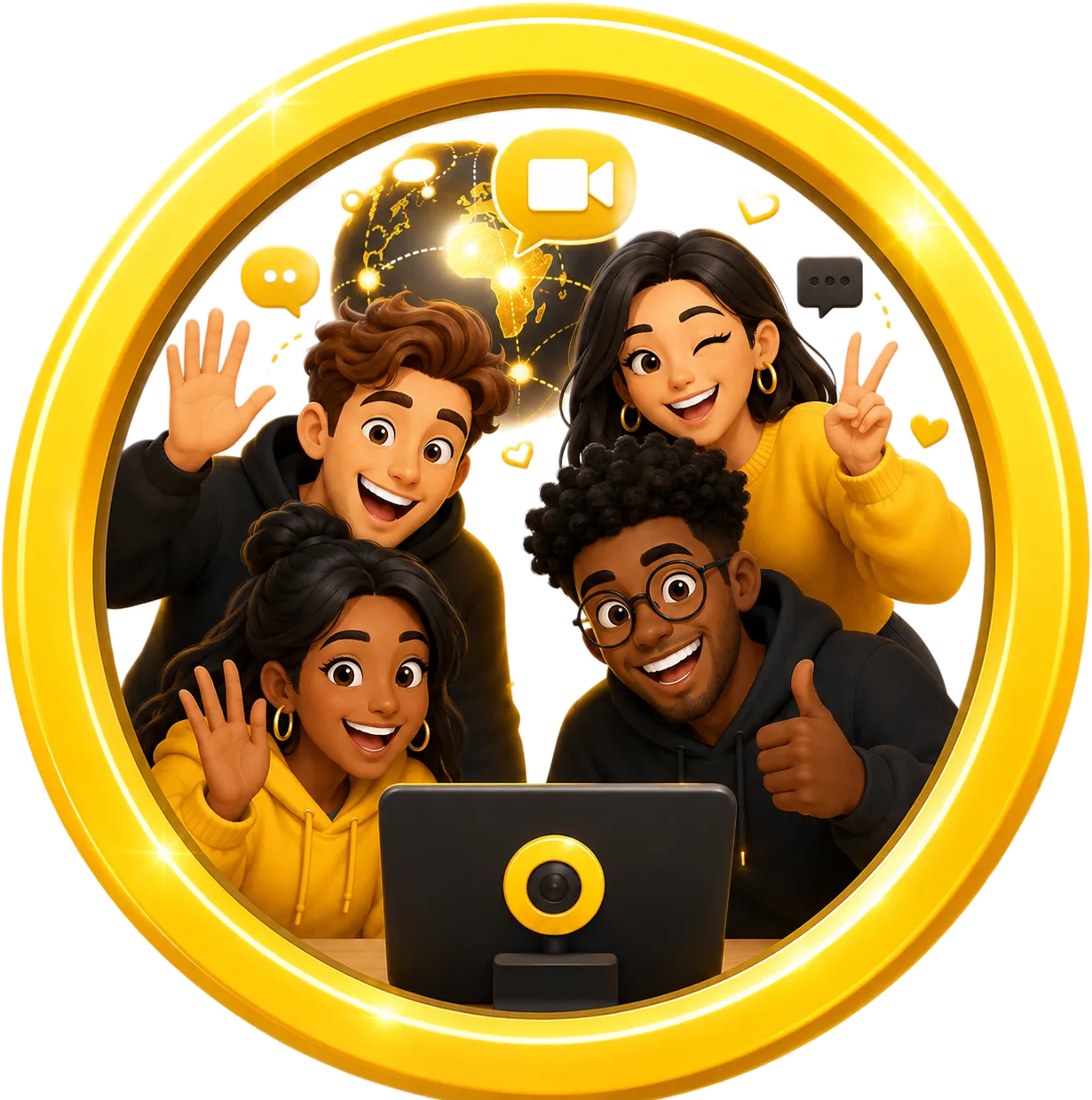 Diverse group of young adults making friends worldwide through video chat with strangers inside a glowing yellow circular VideoChatty-style frame