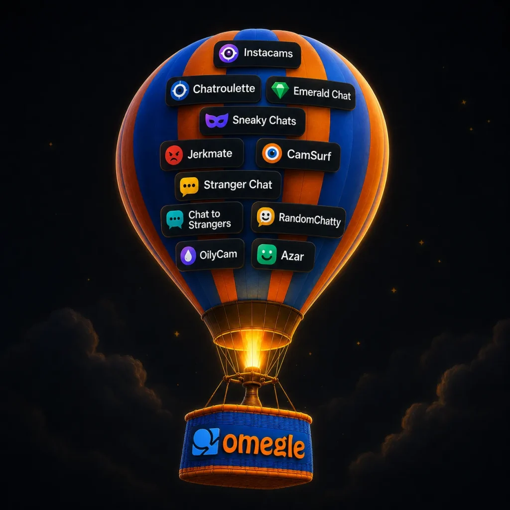 Hot air balloon illustration showing Omegle alternatives like Instacams, Chatroulette, Emerald Chat, Sneaky Chats, Jerkmate, CamSurf, Stranger Chat, RandomChatty, OilyCam, and Azar.