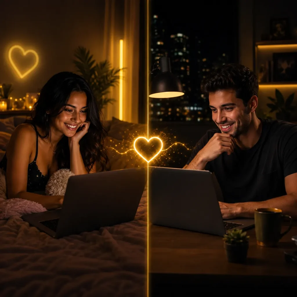 Man and woman enjoying a private one on one cam chat through their laptops in a warm yellow VideoChatty-style setting