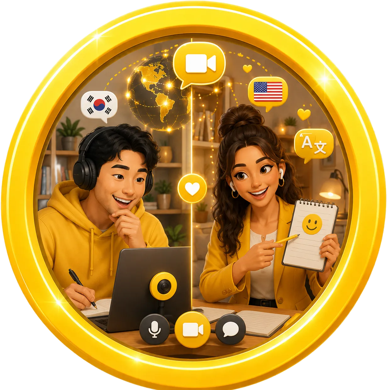 Adults practicing new languages online through video chat, showing a Korean man learning English from a female tutor in a yellow circular VideoChatty-style icon.