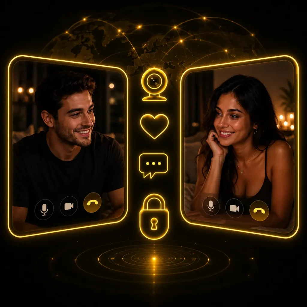 Private one on one cam chat between a man and woman with glowing yellow webcam, message, and privacy icons