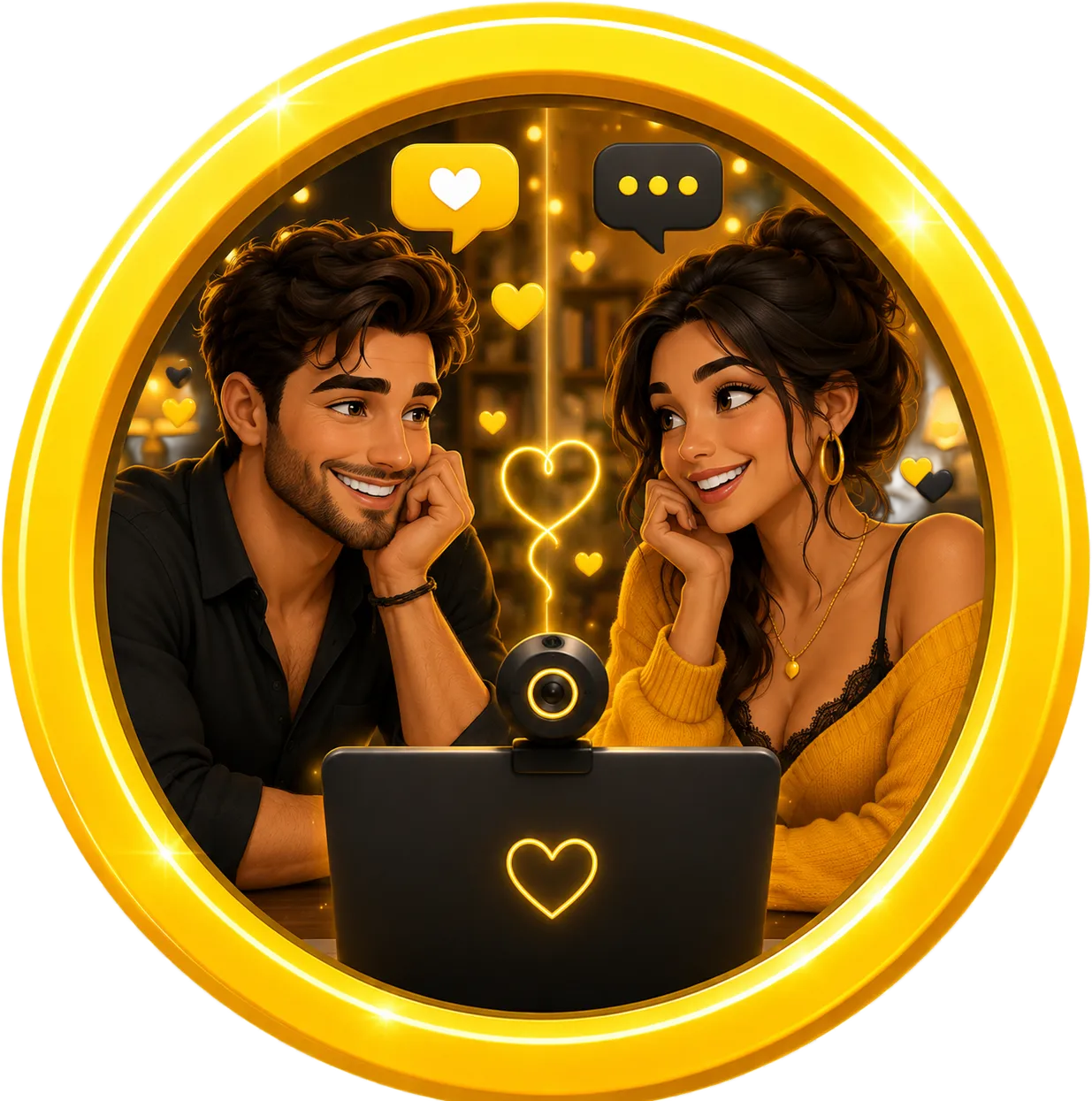 Adults enjoying a flirtatious online video chat with heart icons, a webcam, and a bright yellow circular frame