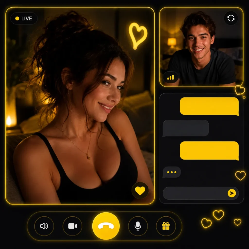 Video chat girls interface showing a woman in a live online conversation with a man using yellow chat and call icons
