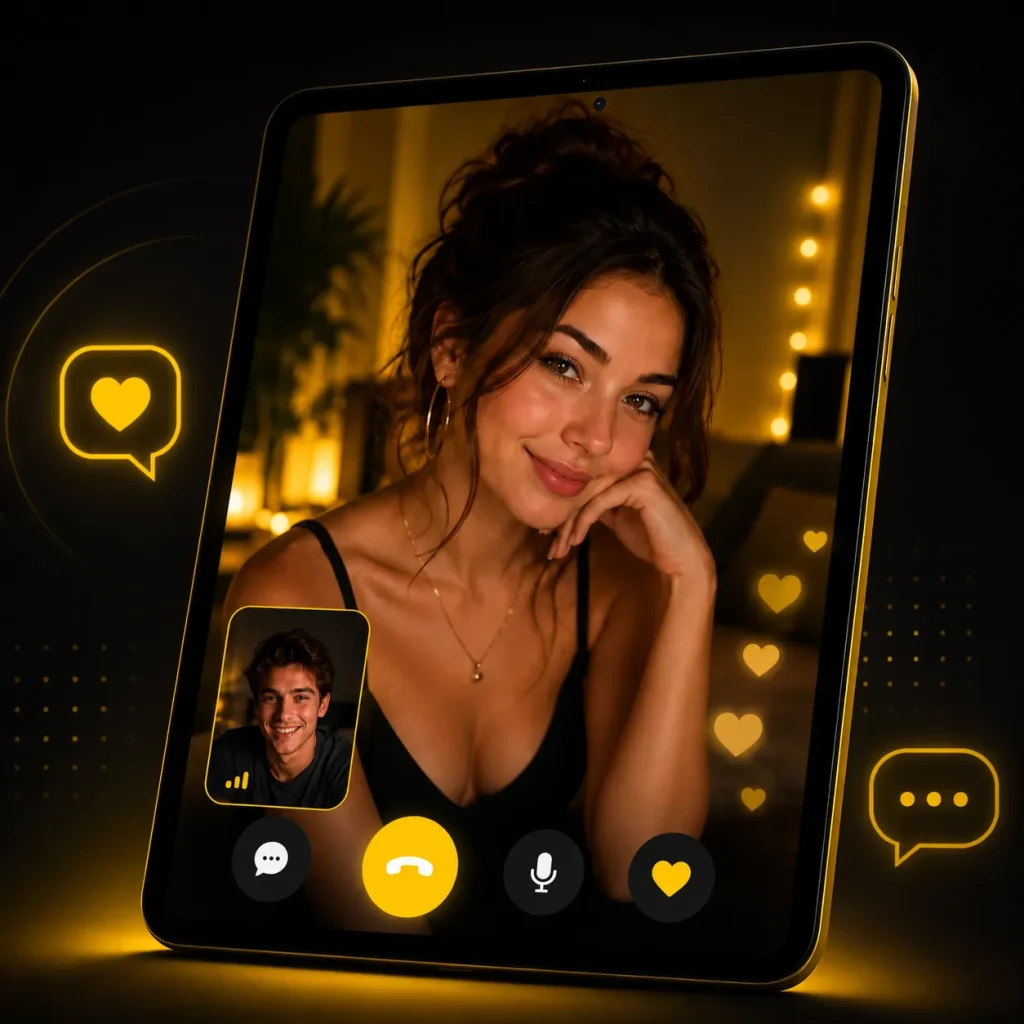 Woman appearing on a tablet during a video chat with a man, surrounded by glowing yellow message and heart icons