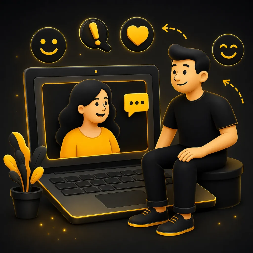 Man exploring online video chat features while talking with a woman on a laptop in a charcoal and yellow VideoChatty-style scene