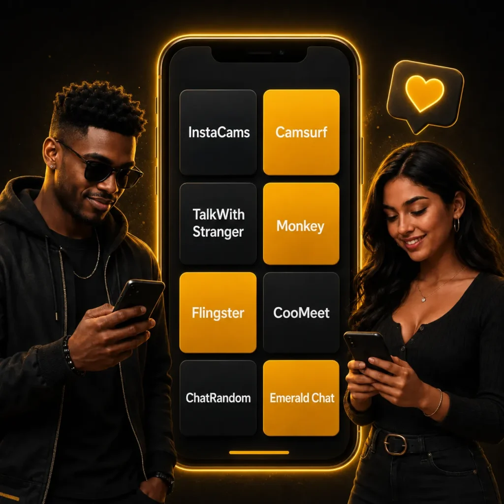Man and woman exploring video chat sites on their phones beside a large screen showing popular platform options