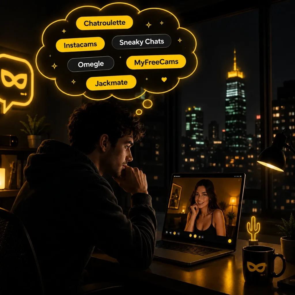 Man comparing video chat sites while talking with a woman online and viewing a bubble of platform options