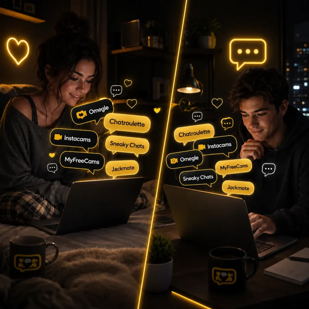 Woman and man comparing video chat sites for talking to strangers online, with glowing yellow platform options including Omegle, Chatroulette, Instacams, Sneaky Chats, MyFreeCams, and JERkmate.