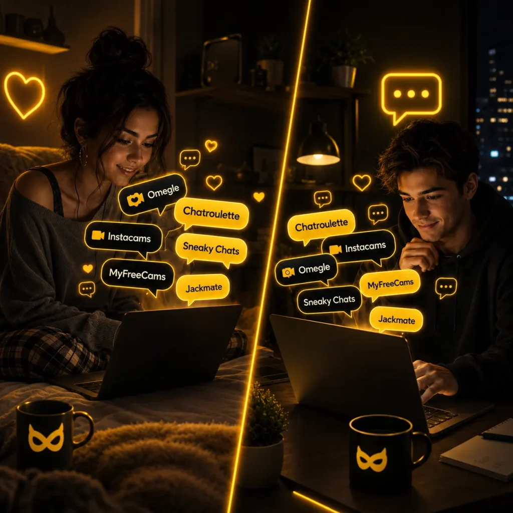 Woman and man browsing video chat sites for talking to strangers online in a black and yellow VideoChatty-style scene