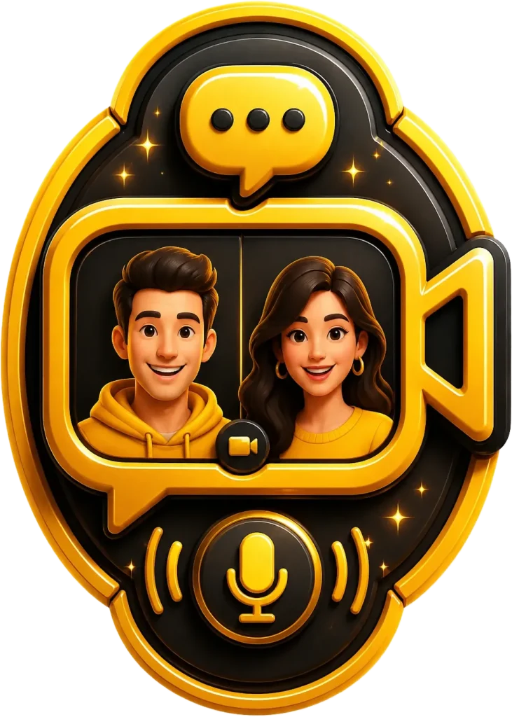 Video chat with strangers icon showing two people inside a yellow video recorder badge for VideoChatty