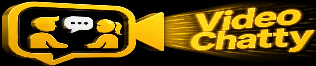 Video Chatty logo for video chat with strangers featuring a yellow 3D video recorder icon, a man and woman chatting, and glowing projected text