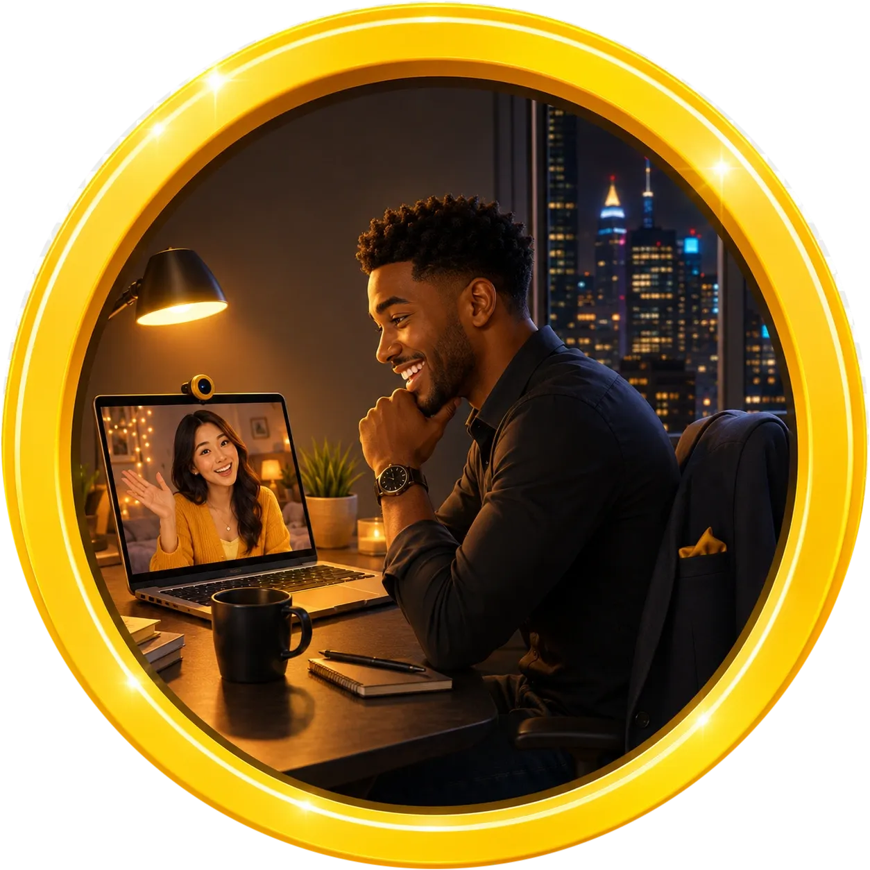 Black man relaxing after work while using video chat with strangers to talk with a woman through his laptop inside a glowing yellow circular frame